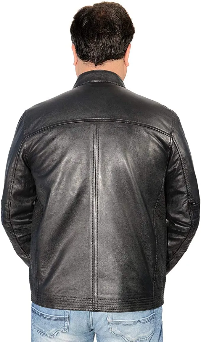 Black Lambskin Leather Side Stitch Cafe Racer Jacket