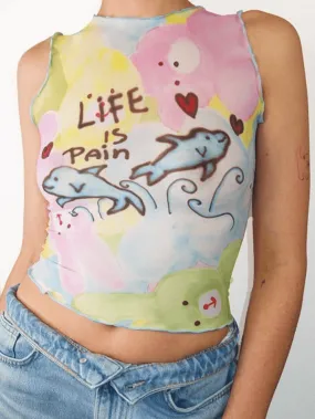 Cartoon Print Mesh Tank Top