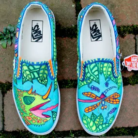 Chameleon vs Dragonfly custom Vans Slip On Sneakers