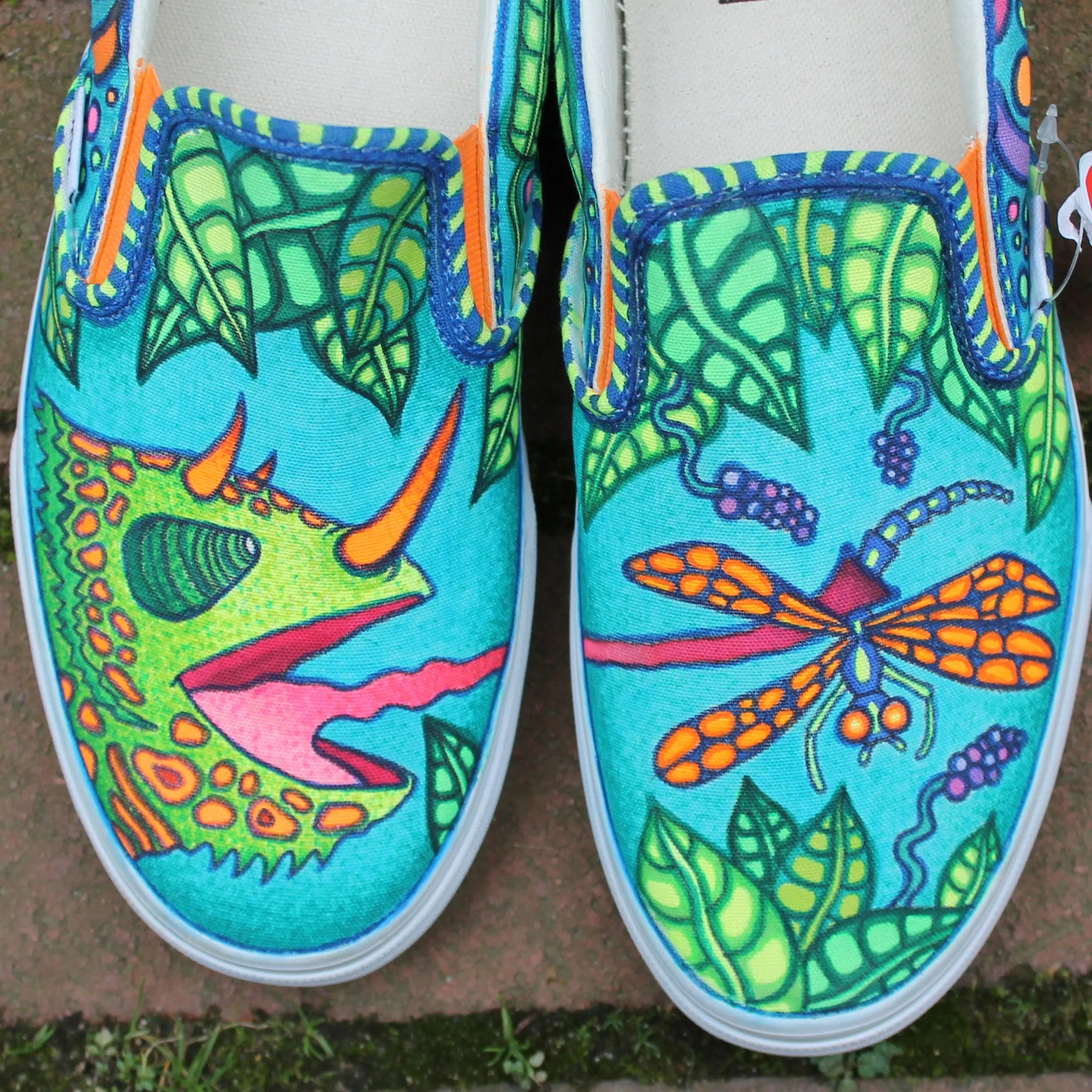 Chameleon vs Dragonfly custom Vans Slip On Sneakers