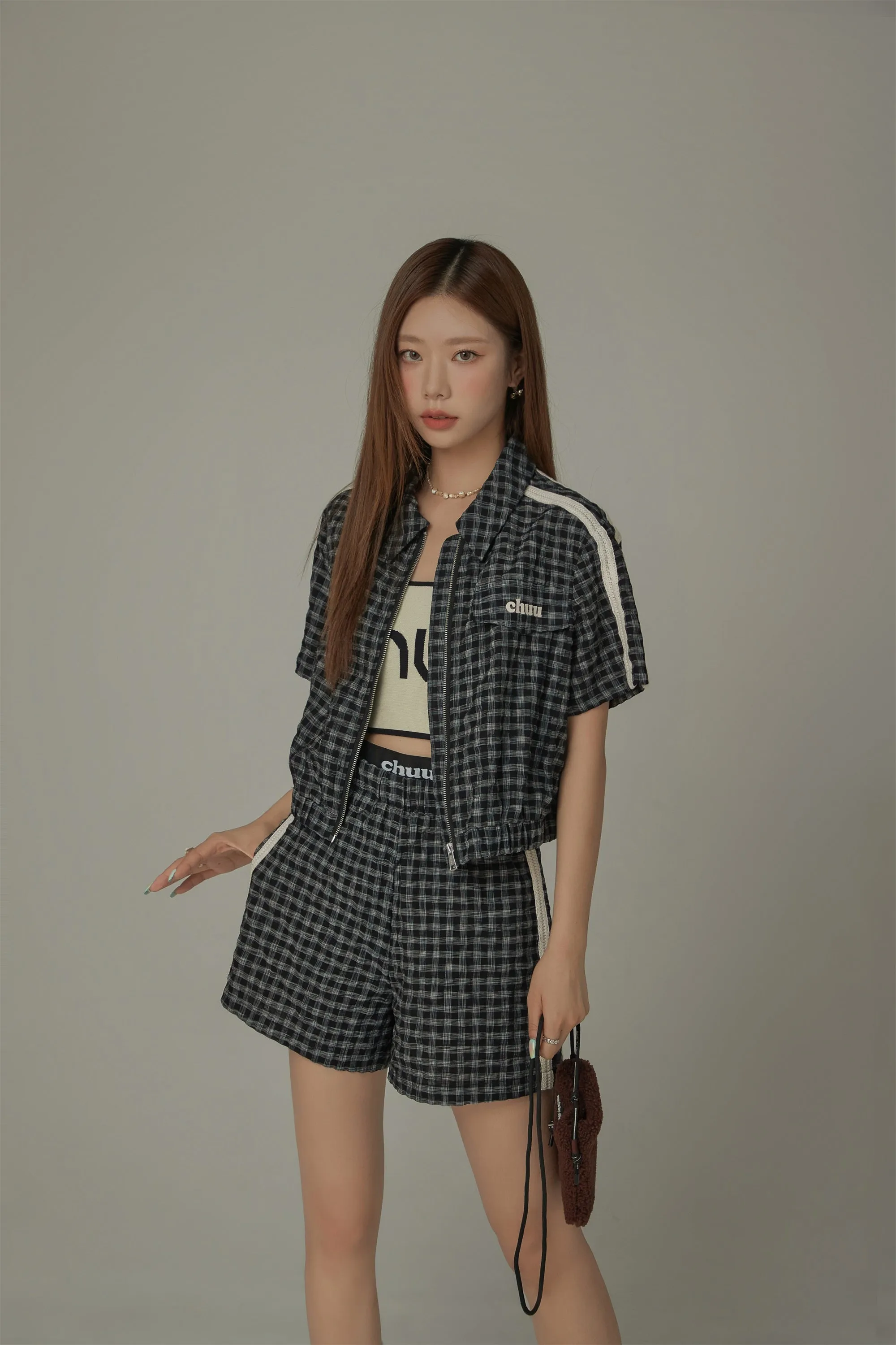 Check Zip-Up Short Sleeve Jacket