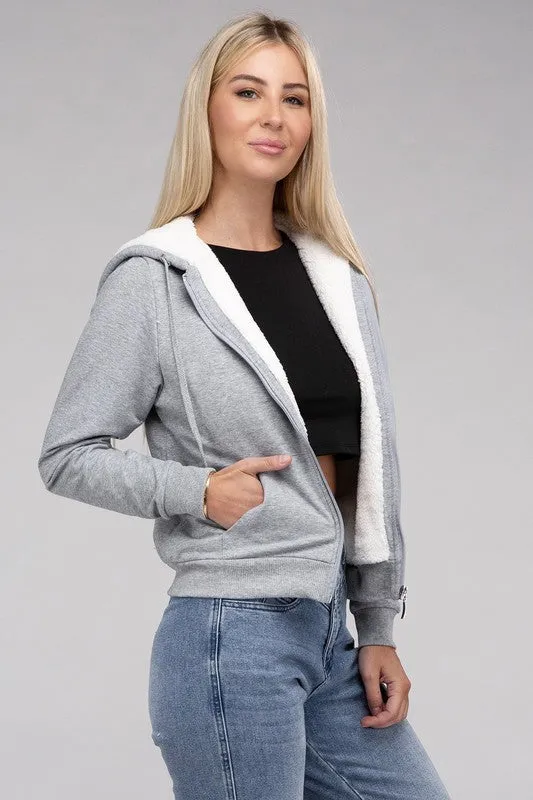 Fuzzy Trim Zip-Up Crop Hoodie