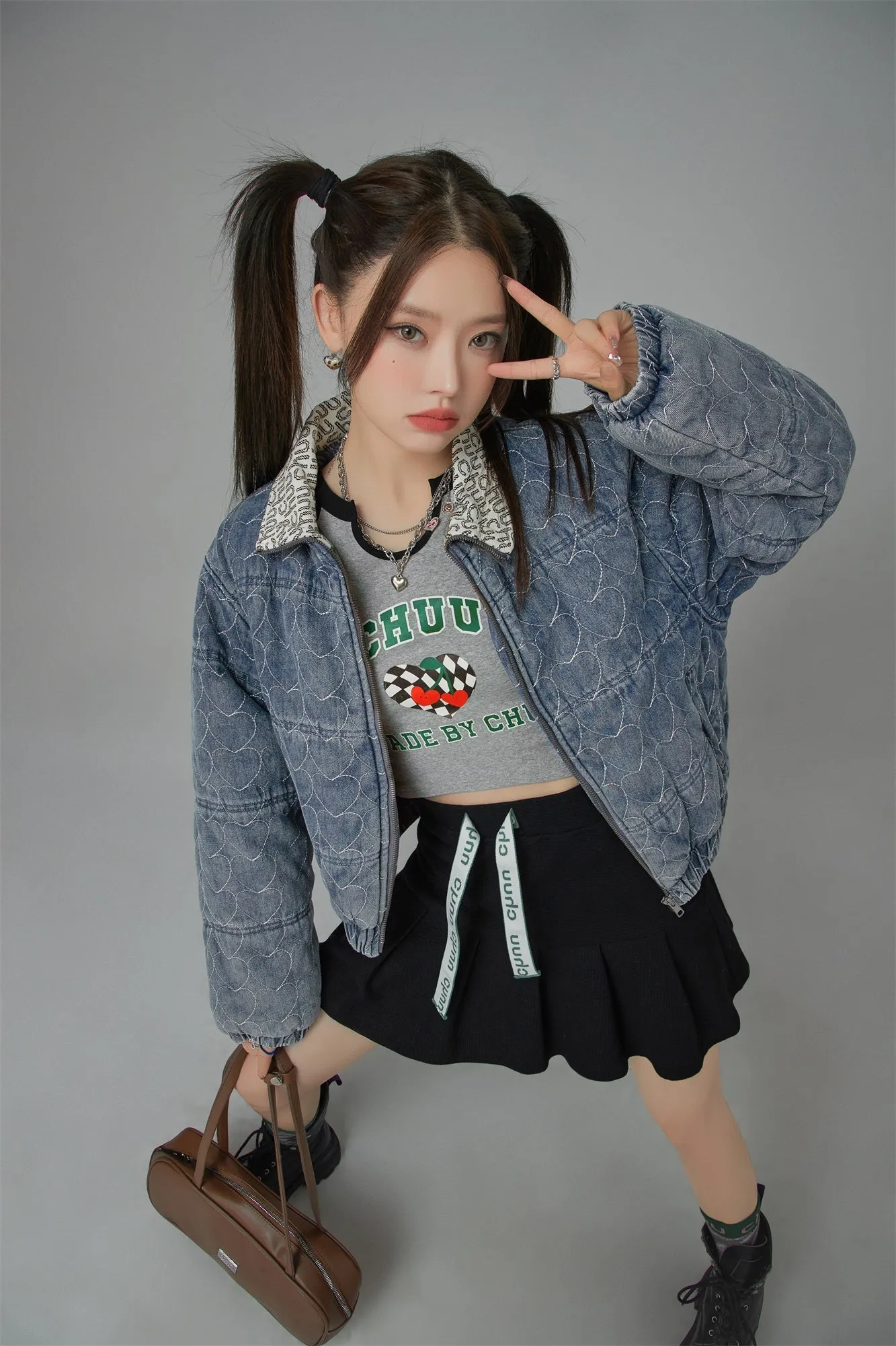 Heart Print Zip-Up Denim Jacket