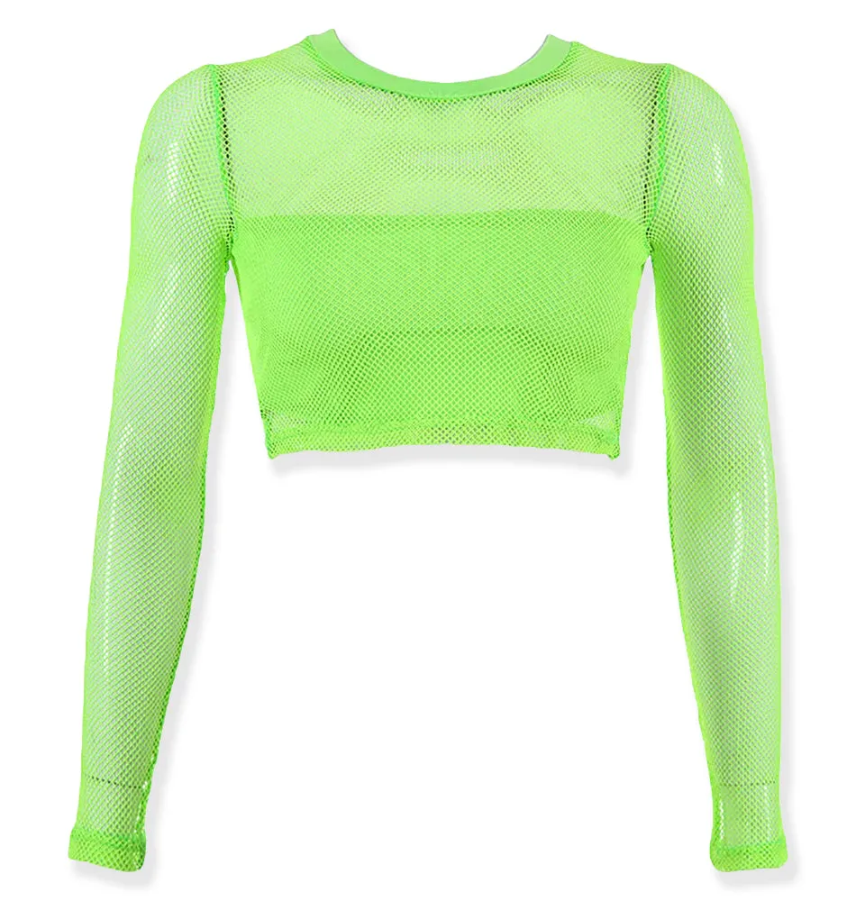 Long Sleeve Mesh Neon Fishnet Crop Top T-Shirt