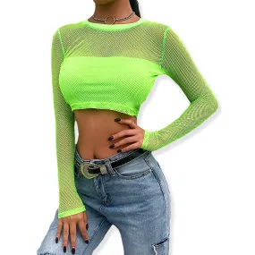 Long Sleeve Mesh Neon Fishnet Crop Top T-Shirt