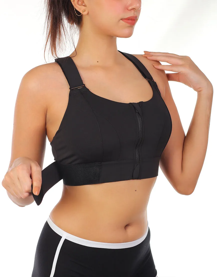 PREMIUM QUALITY FRONT CLOSURE PADDED HIGH IMPACT SPORTS BRA WITH ADJUSTABLE WAIST BAND-BLACK