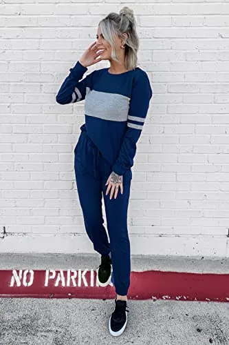 PRETTYGARDEN Women's Color Block 2 Piece Tracksuit Crewneck Long Sleeve Tops Long Sweatpants Outfits Lounge Sets