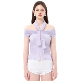 Purple Mesh Removable Neckline One-Shoulder Top