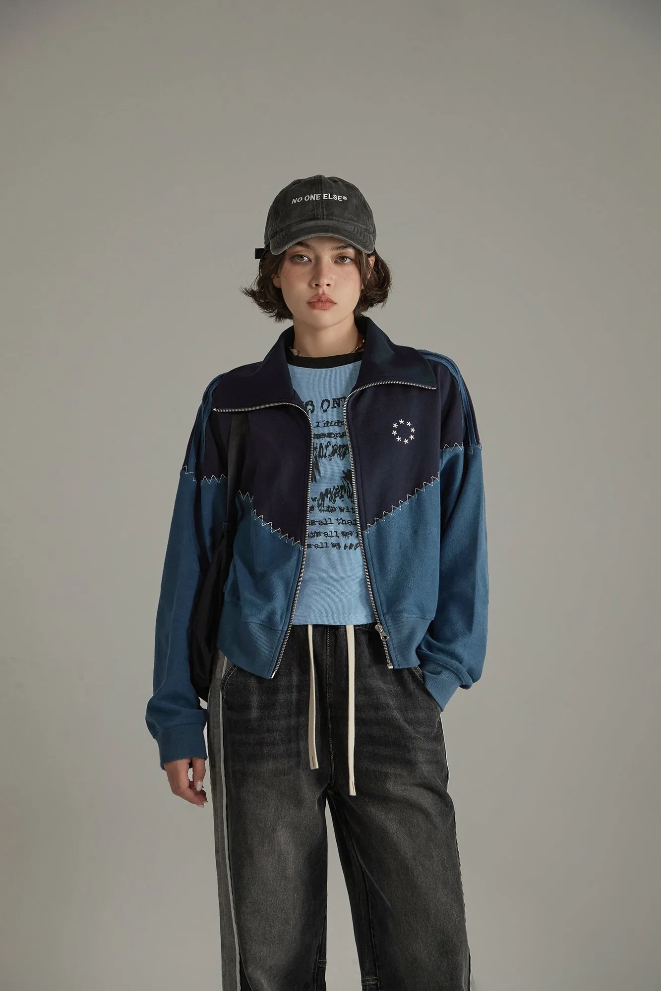 Stitch Color High Neck Zip-Up Jacket