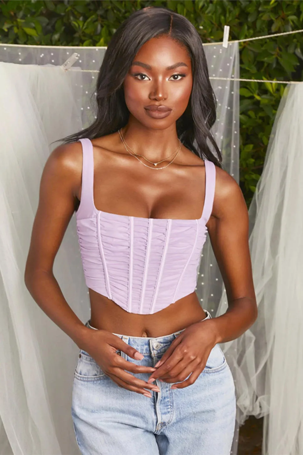 Summer Ruched Mesh Corset Crop Tops