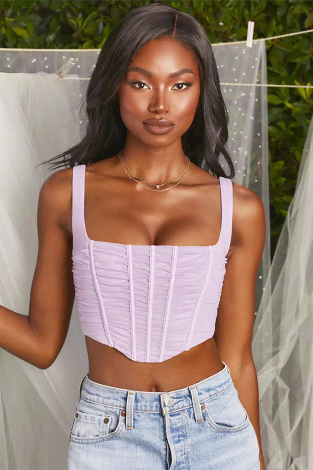 Summer Ruched Mesh Corset Crop Tops