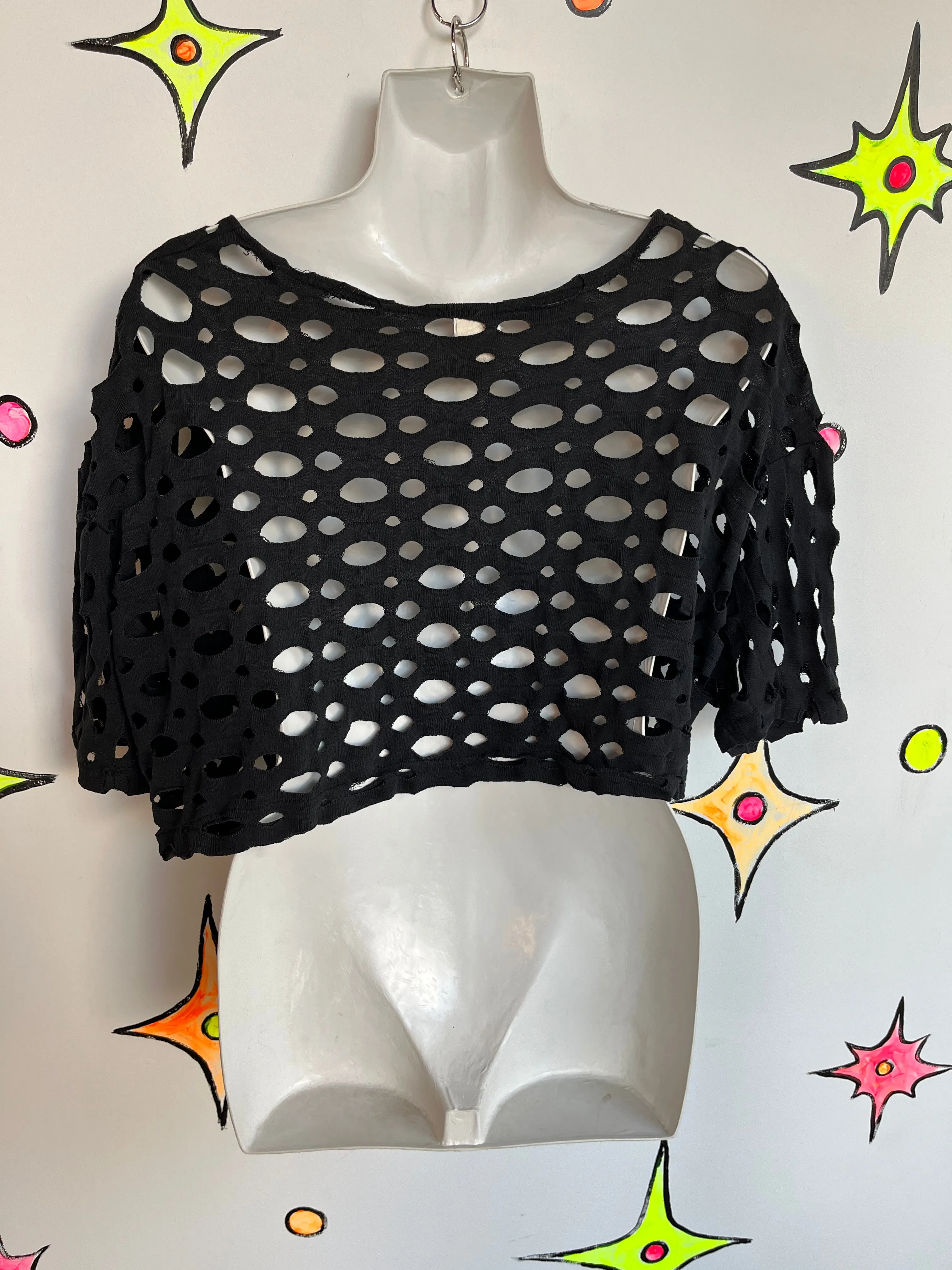 Vintage 1980s | Black Mesh Punk Goth Crop Top T Shirt | Size L