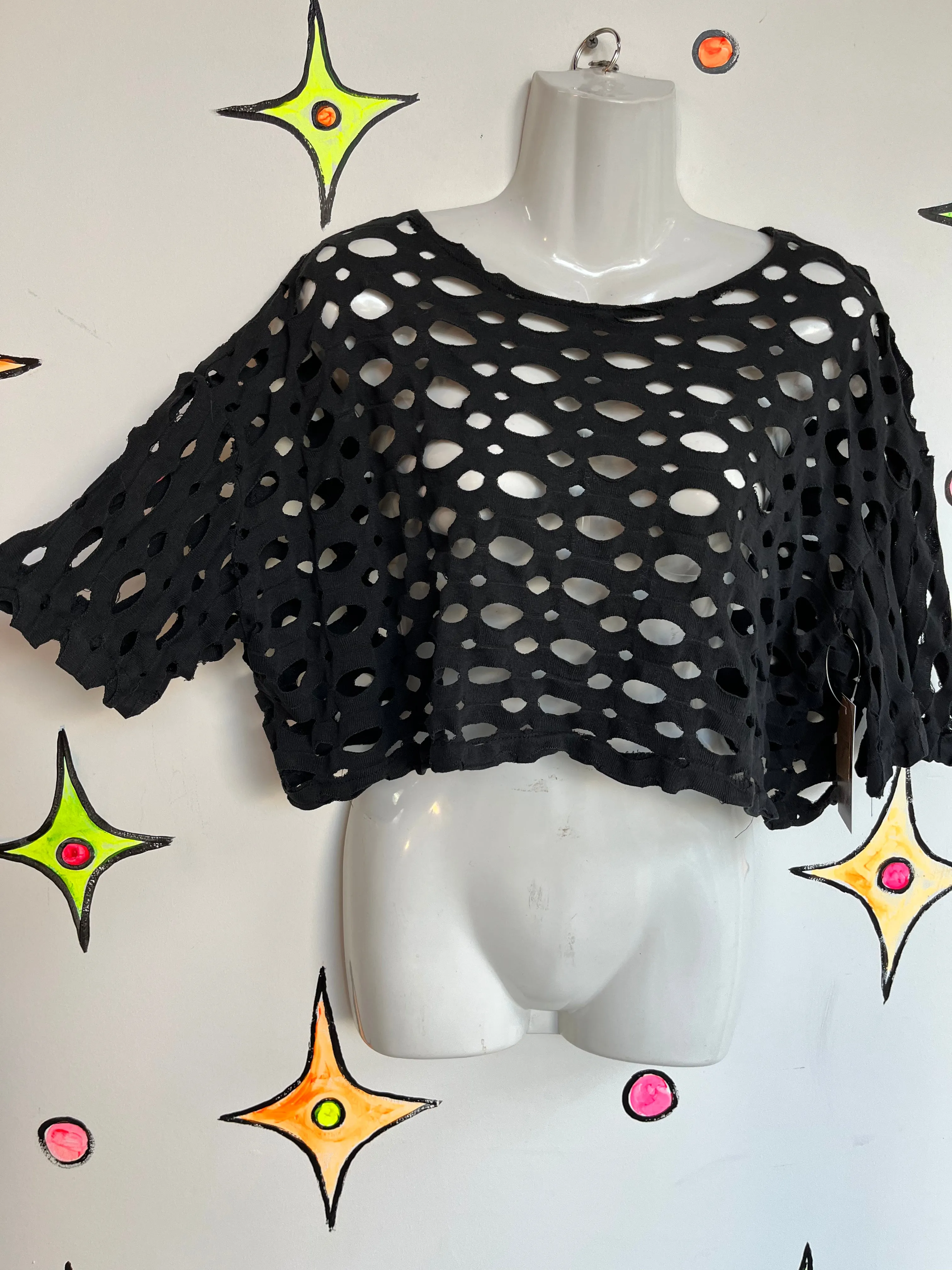 Vintage 1980s | Black Mesh Punk Goth Crop Top T Shirt | Size L