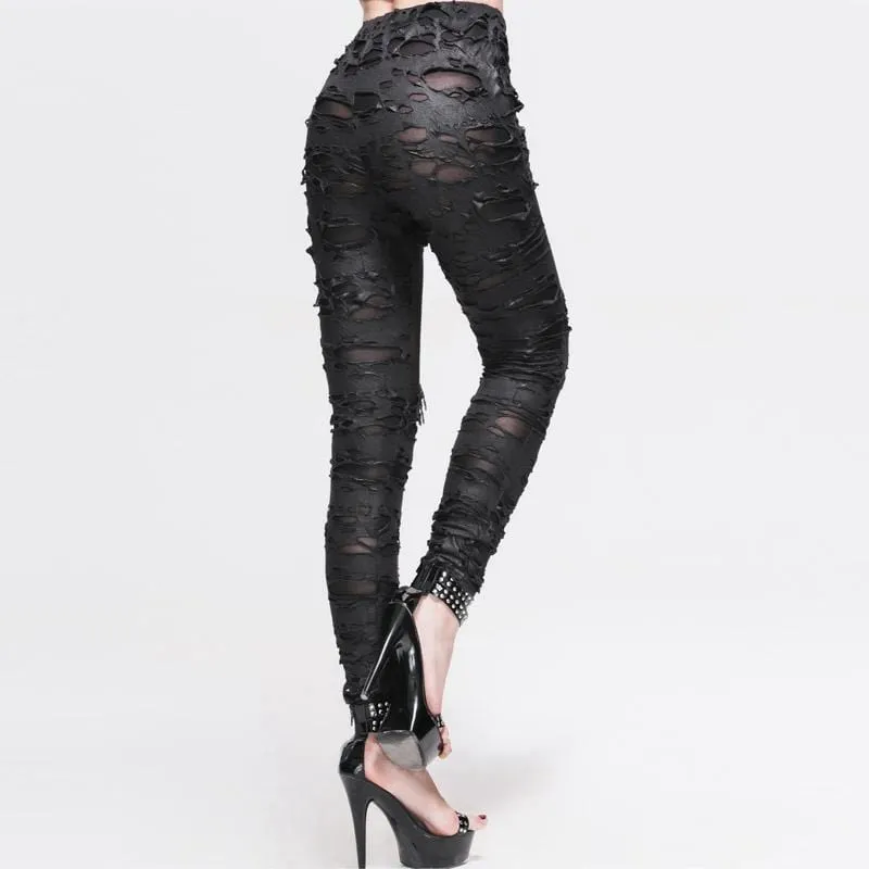 Women's Distressed Faux Leather and Mesh Goth Leggings With Skeletal Hand