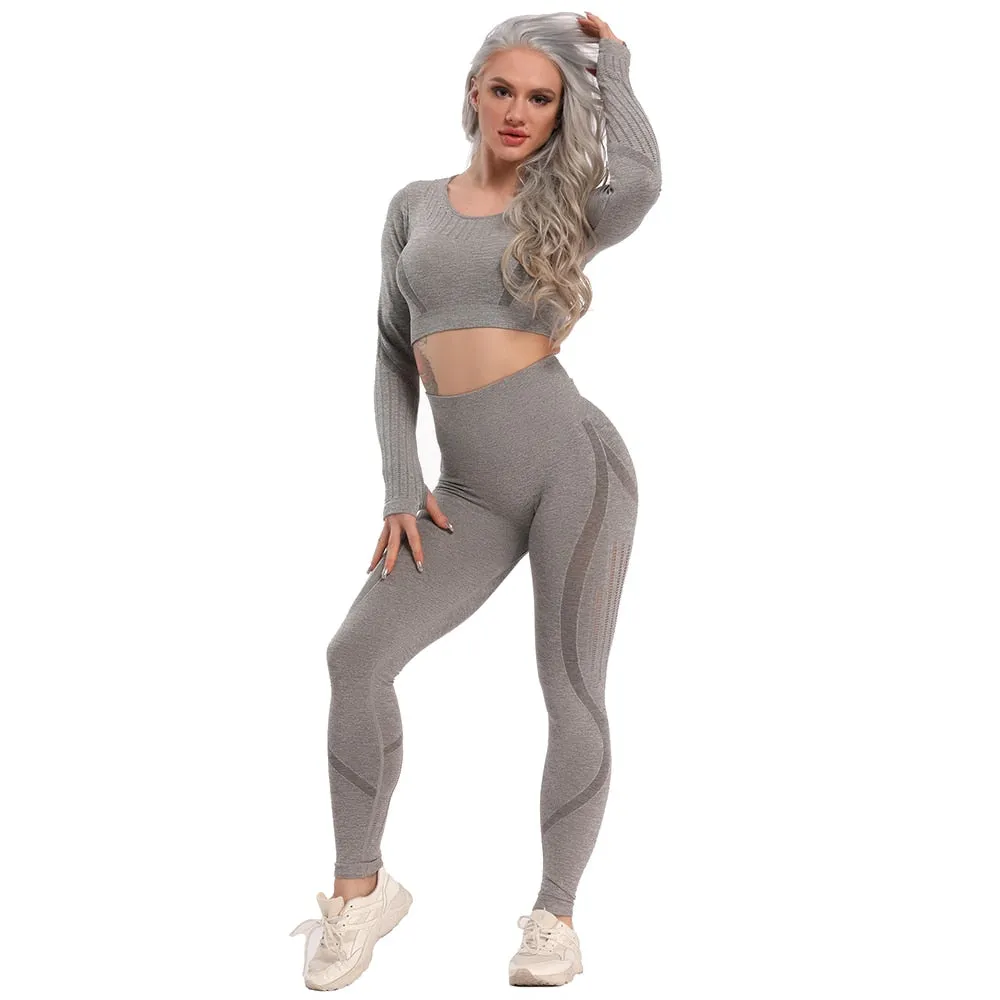 Yoga Set Seamless Sportswear Gym Sports Suits Woman Fitness High Waist Leggings Push Up Leggins Long Sleeve Workout Tops