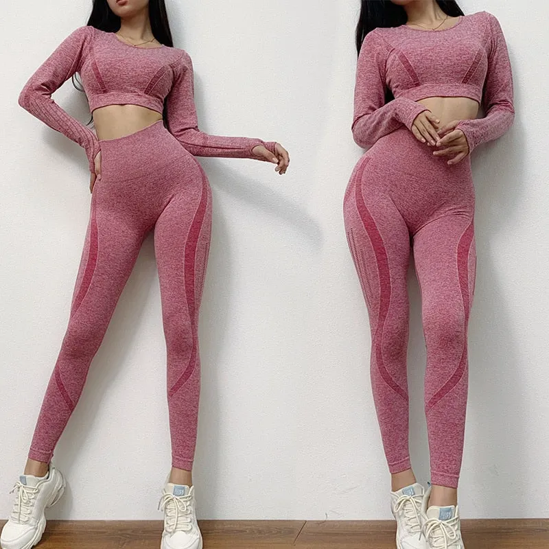 Yoga Set Seamless Sportswear Gym Sports Suits Woman Fitness High Waist Leggings Push Up Leggins Long Sleeve Workout Tops