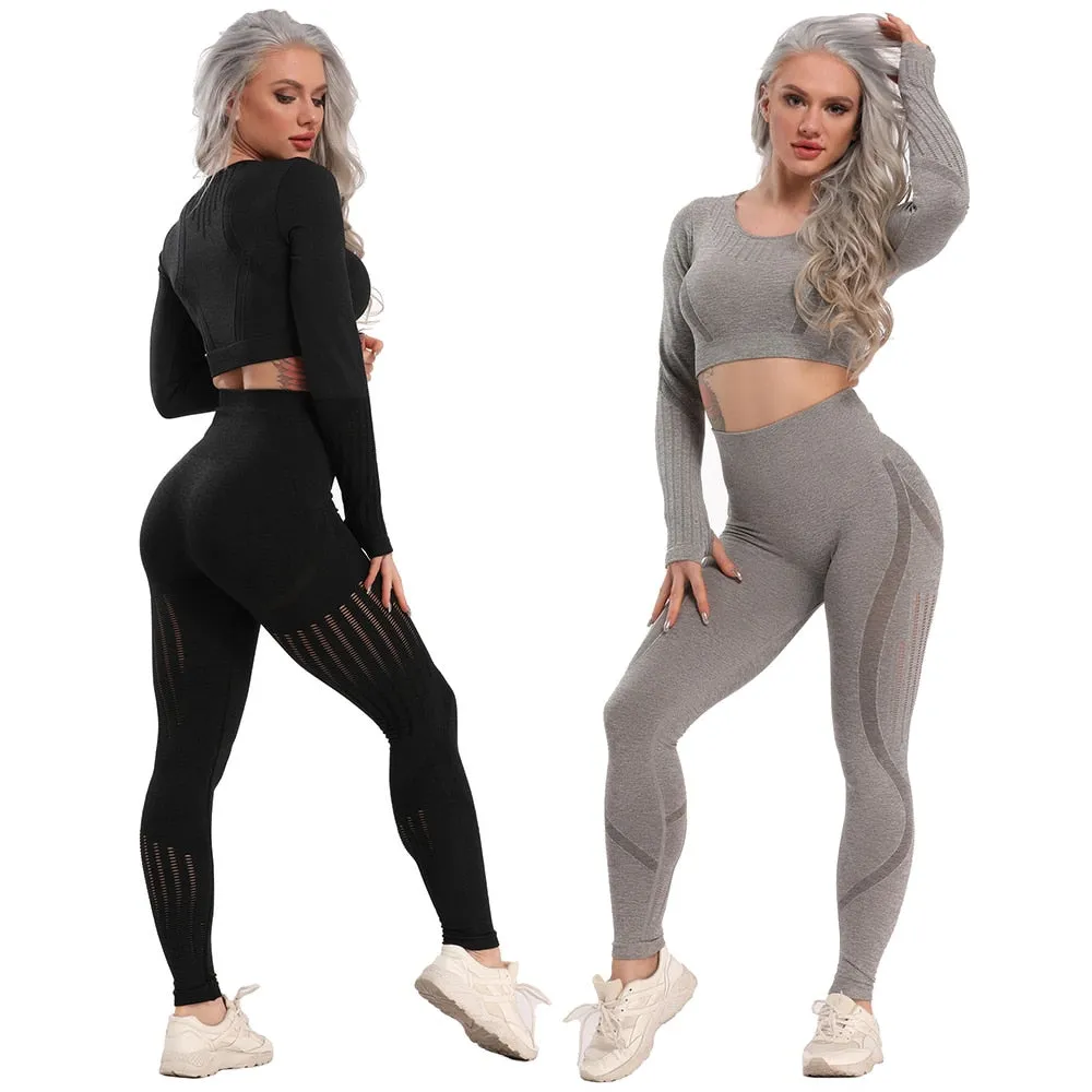 Yoga Set Seamless Sportswear Gym Sports Suits Woman Fitness High Waist Leggings Push Up Leggins Long Sleeve Workout Tops